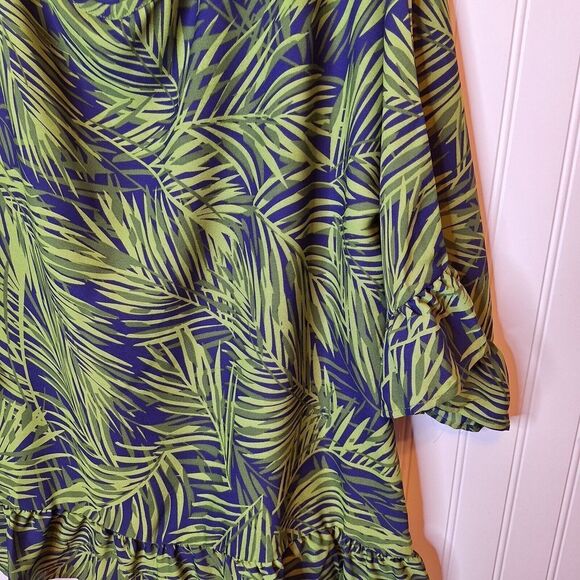 Bonworth Womens Pullover Top Size L Green Blue Palm Leaf Ruffle Sleeve and Hem - Picture 3 of 12